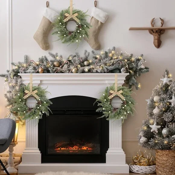 4-Piece Mini Wreath Candle Holders with Pine Cones - Perfect for Christmas Decor